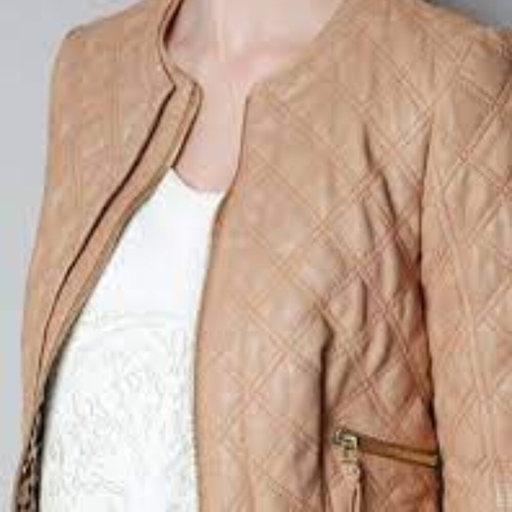 Zara Lambskin Tan Quilted Leather Cropped Moto Jacket S
